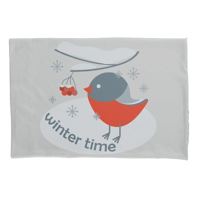 Winter bullfinch bird and red rowan berries pillowcase (Front-Left)