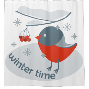 Winter bullfinch bird and red rowan berries shower curtain