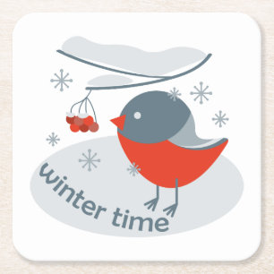 Winter bullfinch bird and red rowan berries square paper coaster
