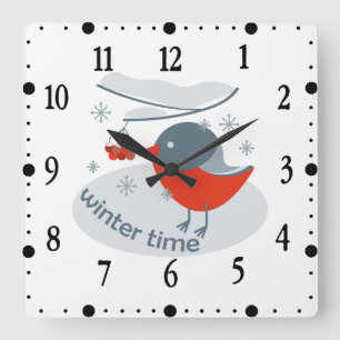 Winter bullfinch bird and red rowan berries square wall clock