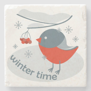 Winter bullfinch bird and red rowan berries stone coaster