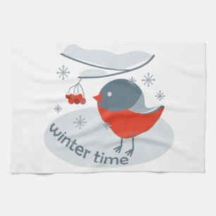 Winter bullfinch bird and red rowan berries tea towel