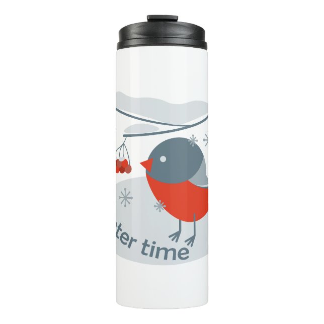 Winter bullfinch bird and red rowan berries thermal tumbler (Front)