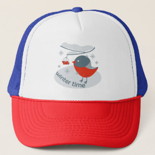 Winter bullfinch bird and red rowan berries trucker hat