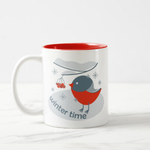 Winter bullfinch bird and red rowan berries Two-Tone coffee mug