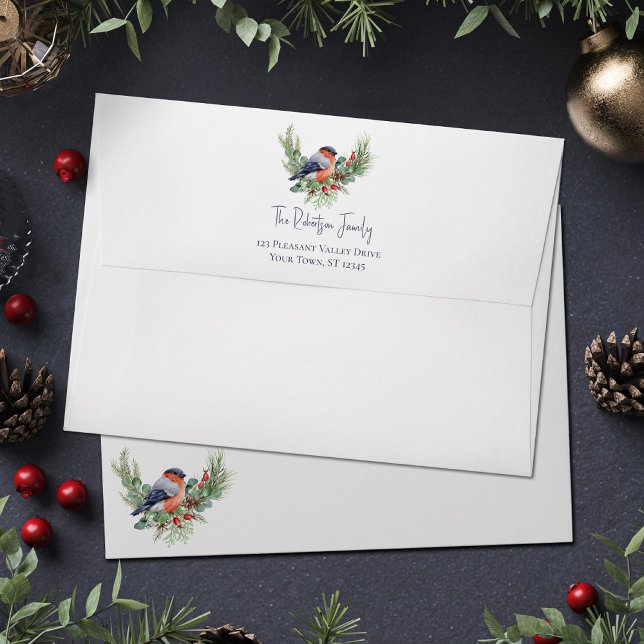 Winter Bullfinch Greenery Christmas Holiday Envelope (Creator Uploaded)