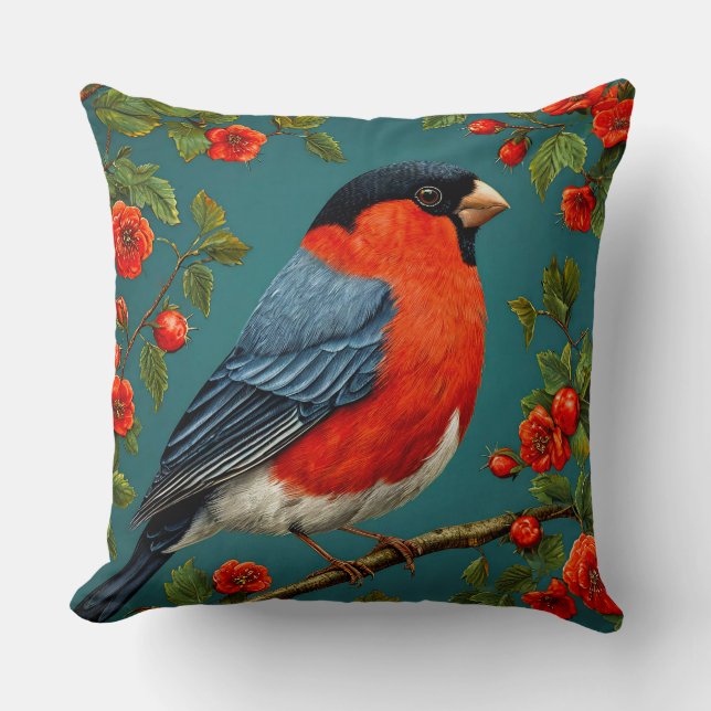 Winter Bullfinch on Frosted Branch – Serene Snowy  Cushion (Front)