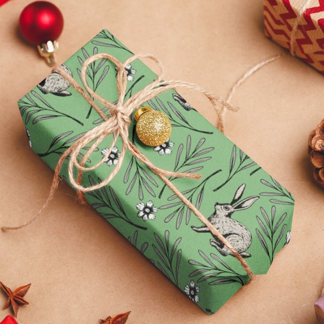 Winter Bunnies Green Holiday Wrapping Paper (Cute Hand-drawn Winter Bunnies, Leaves and Flowers in Black Ink against a Festive Green Background.)