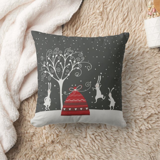Winter Bunnies Throw Pillow (Blanket)