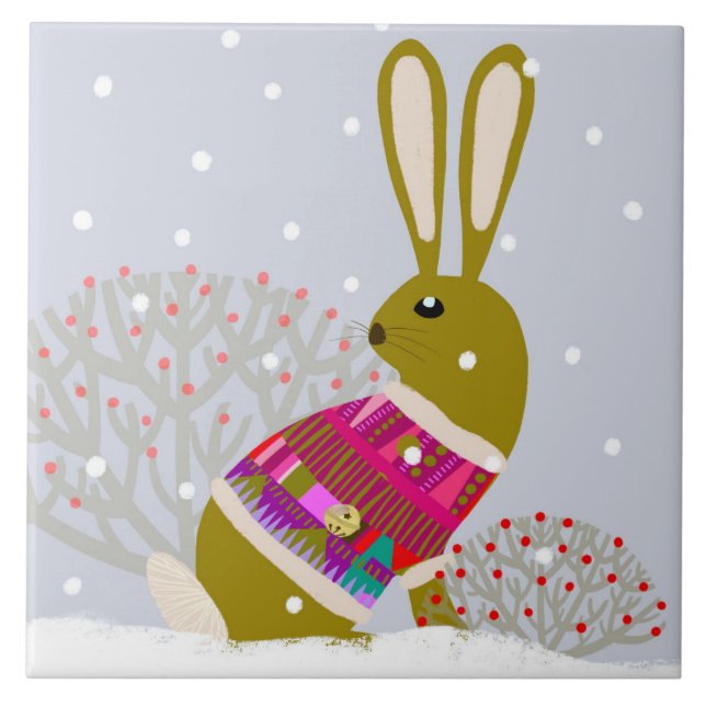 Winter Bunny Ceramic Kitchen Tile (Front)