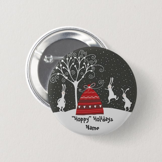 Winter Bunny Hoppy Holidays Button (Front & Back)