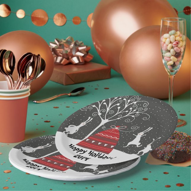 Winter Bunny Hoppy Holidays Paper Plate (Multi)