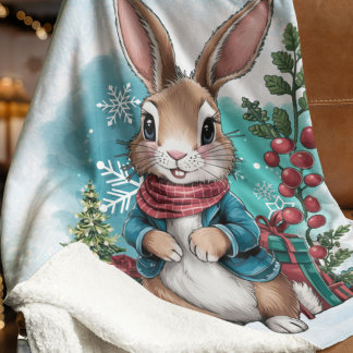 Winter Bunny Watercolor Christmas Sherpa Blanket