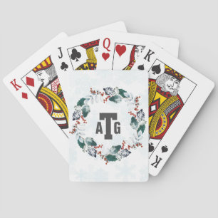 Winter Burgundy Berries Leaves Wreath Monogram Playing Cards
