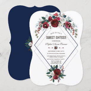 Winter Burgundy Floral Navy Blue Sweet 16 Invitation