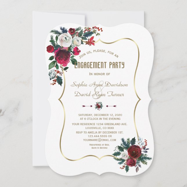 Winter Burgundy Floral Pine Gold Engagement Party Invitation (Front)