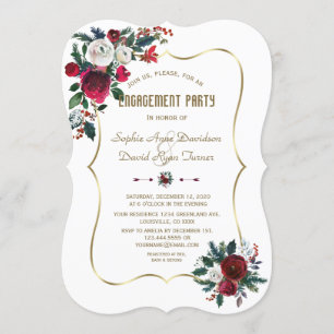 Winter Burgundy Floral Pine Gold Engagement Party Invitation
