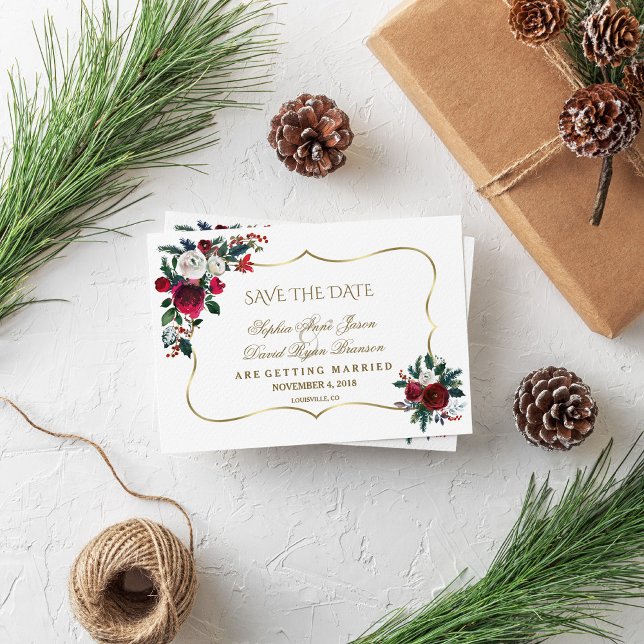 Winter Burgundy Floral Pine Gold Save The Date (Creator Uploaded)