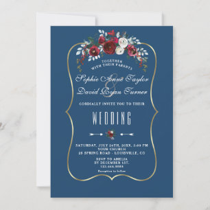 Winter Burgundy Floral Pine Navy Blue Gold Wedding Invitation