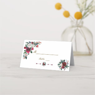 Winter Burgundy Floral Pine Wedding Table Number Place Card