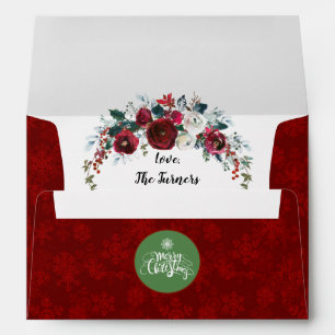 Winter Burgundy Floral Red Glitter Wedding Envelope