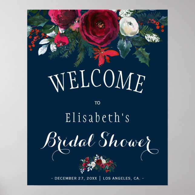 Winter Burgundy Floral Rustic Navy Bridal Shower Poster (Front)