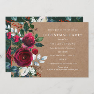 Winter Burgundy Green Foliage Christmas Party Invitation