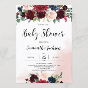 Winter burgundy navy blush pink floral baby shower invitation