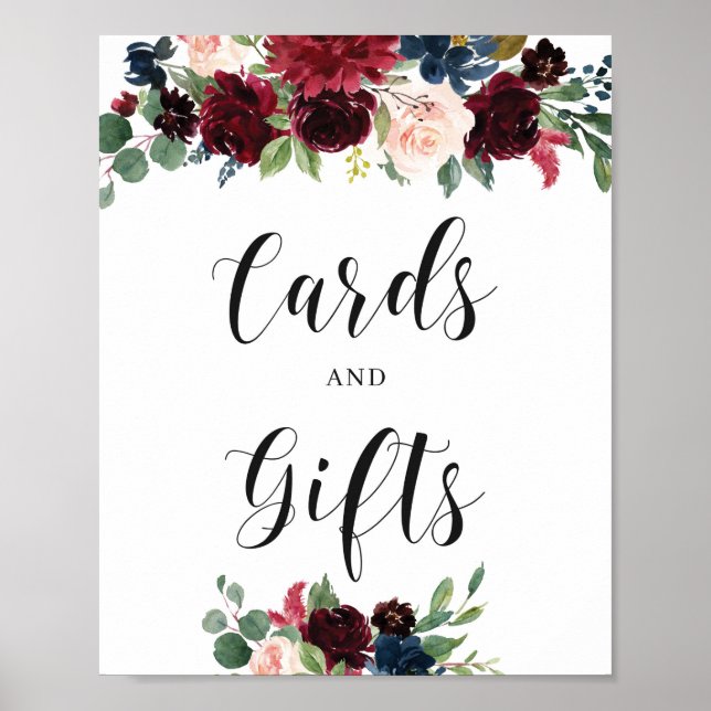Winter Burgundy Navy Floral Cards and Gifts Sign (Front)