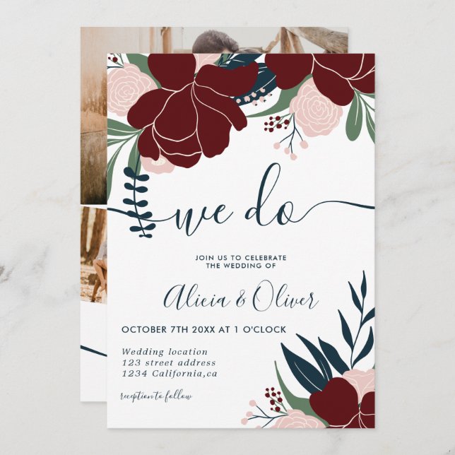 Winter burgundy navy floral photo initials wedding invitation (Front/Back)
