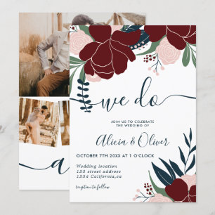 Winter burgundy navy floral photo initials wedding invitation