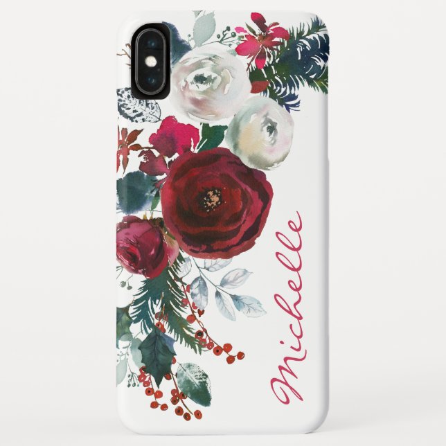 Winter Burgundy Peony Rose Floral Pine Bouquet Case-Mate iPhone Case (Back)