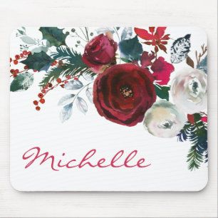 Winter Burgundy Peony Rose Floral Pine Bouquet Mouse Pad