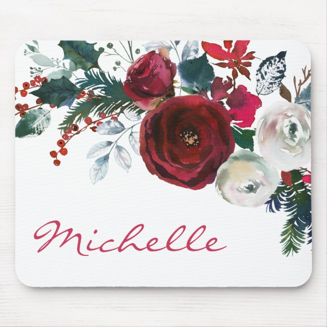 Winter Burgundy Peony Rose Floral Pine Bouquet Mouse Pad (Front)