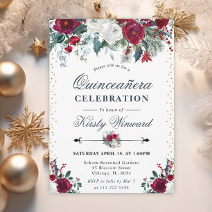 Winter Burgundy & White Floral Quinceañera Invitation