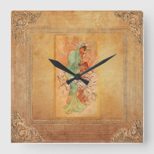Winter by Alphonse Mucha Square Wall Clock