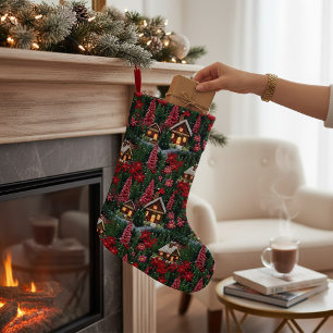 Winter Cabin Christmas Floral Faux Embroidery Small Christmas Stocking