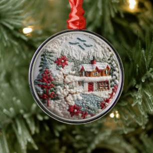 Winter Cabin Christmas Holidays Faux Embroidered Metal Ornament