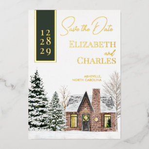 Winter Cabin Cottage Green Rustic Save The Date