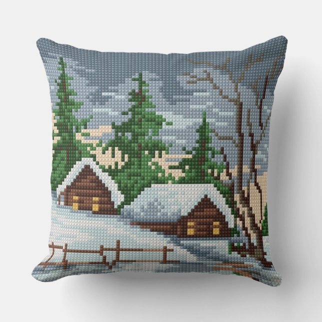 Winter Cabin Cross Stitch Style Throw Pillow (Front)