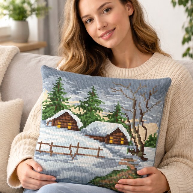 Winter Cabin Cross Stitch Style Throw Pillow (Creator Uploaded)