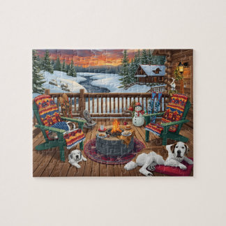 Winter Cabin Deck Dogs Fire Pit Snow Scene Jigsaw Puzzle