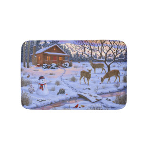 Winter Cabin Deer In Snow Christmas Scene Bath Mat