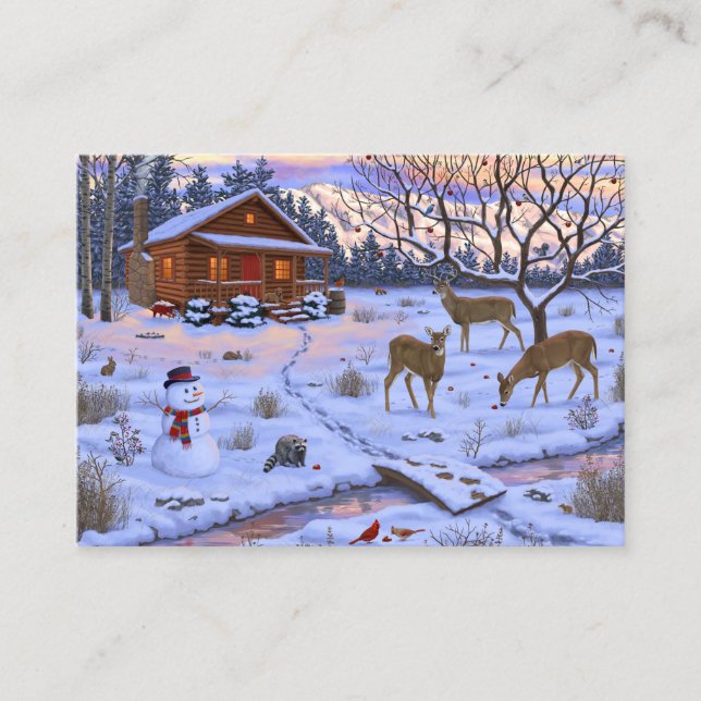 Winter Cabin Deer In Snow Christmas Scene Business Card (Front)