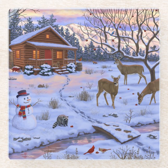 Winter Cabin Deer In Snow Christmas Scene Glass Coaster (Front)
