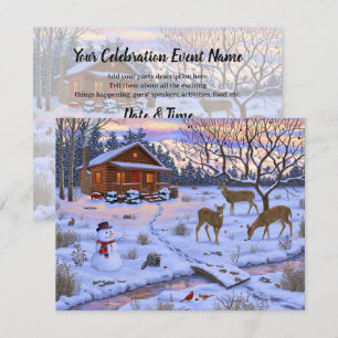Winter Cabin Deer In Snow Christmas Scene Invitation