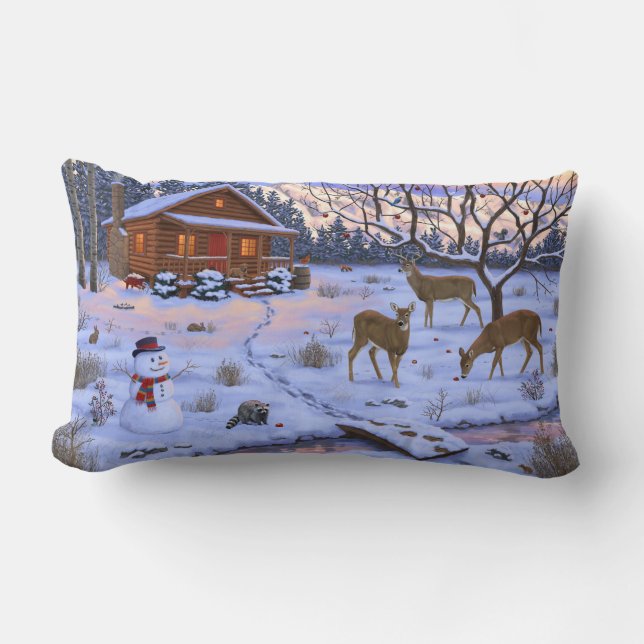 Winter Cabin Deer In Snow Christmas Scene Lumbar Cushion (Front)