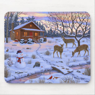Winter Cabin Deer In Snow Christmas Scene Mouse Pad
