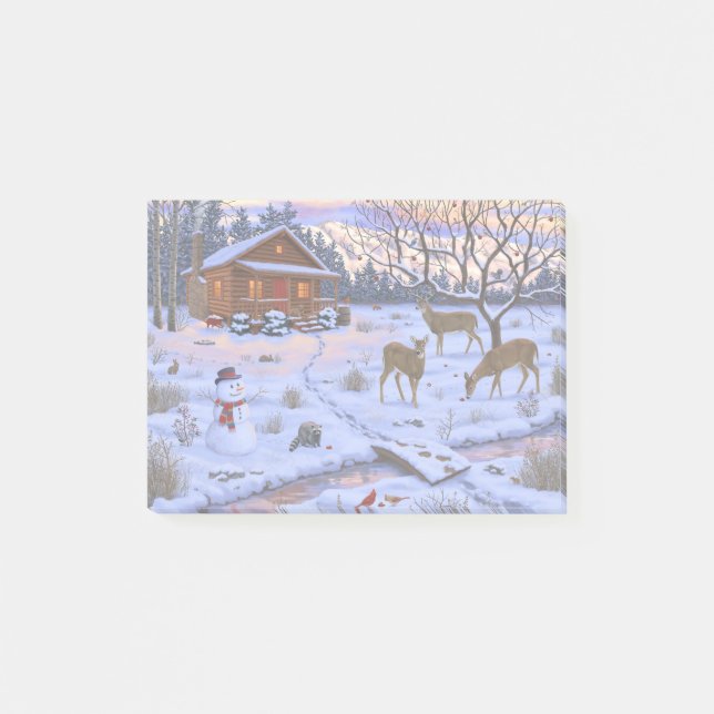 Winter Cabin Deer In Snow Christmas Scene Post-it Notes (Front)