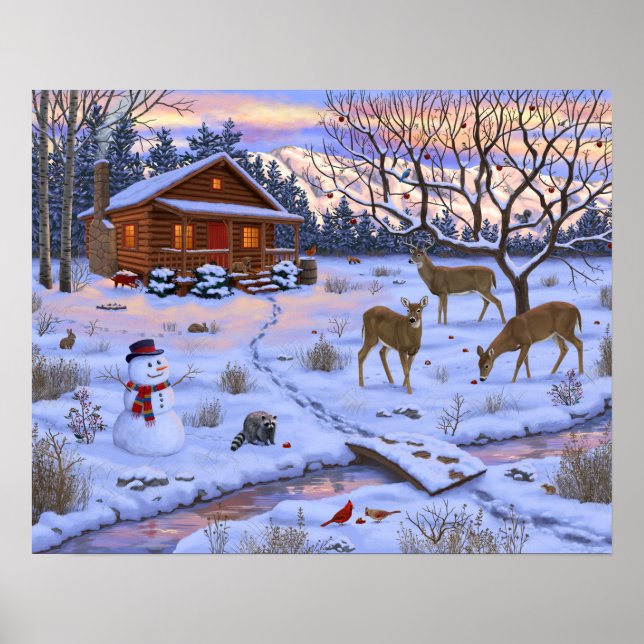 Winter Cabin Deer In Snow Christmas Scene Poster (Front)